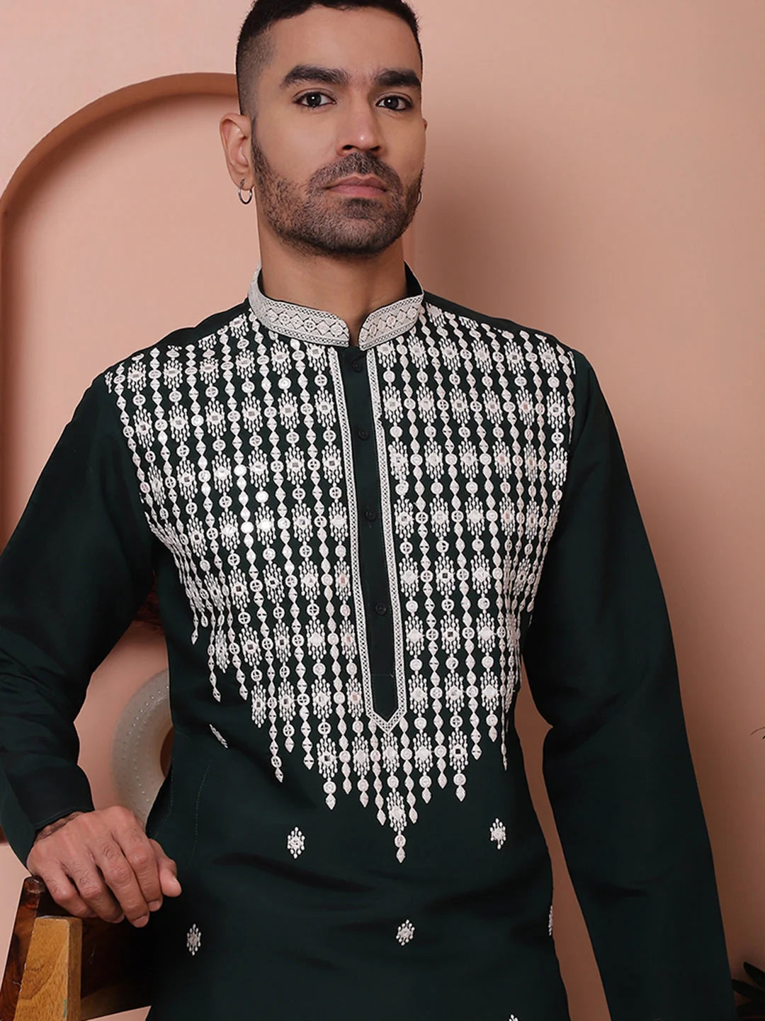 Olive Green Embroidered With Mirror Work Silk Kurta-KO-5076Olive