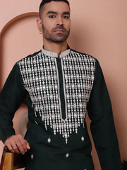 Olive Green Embroidered With Mirror Work Silk Kurta-KO-5076Olive