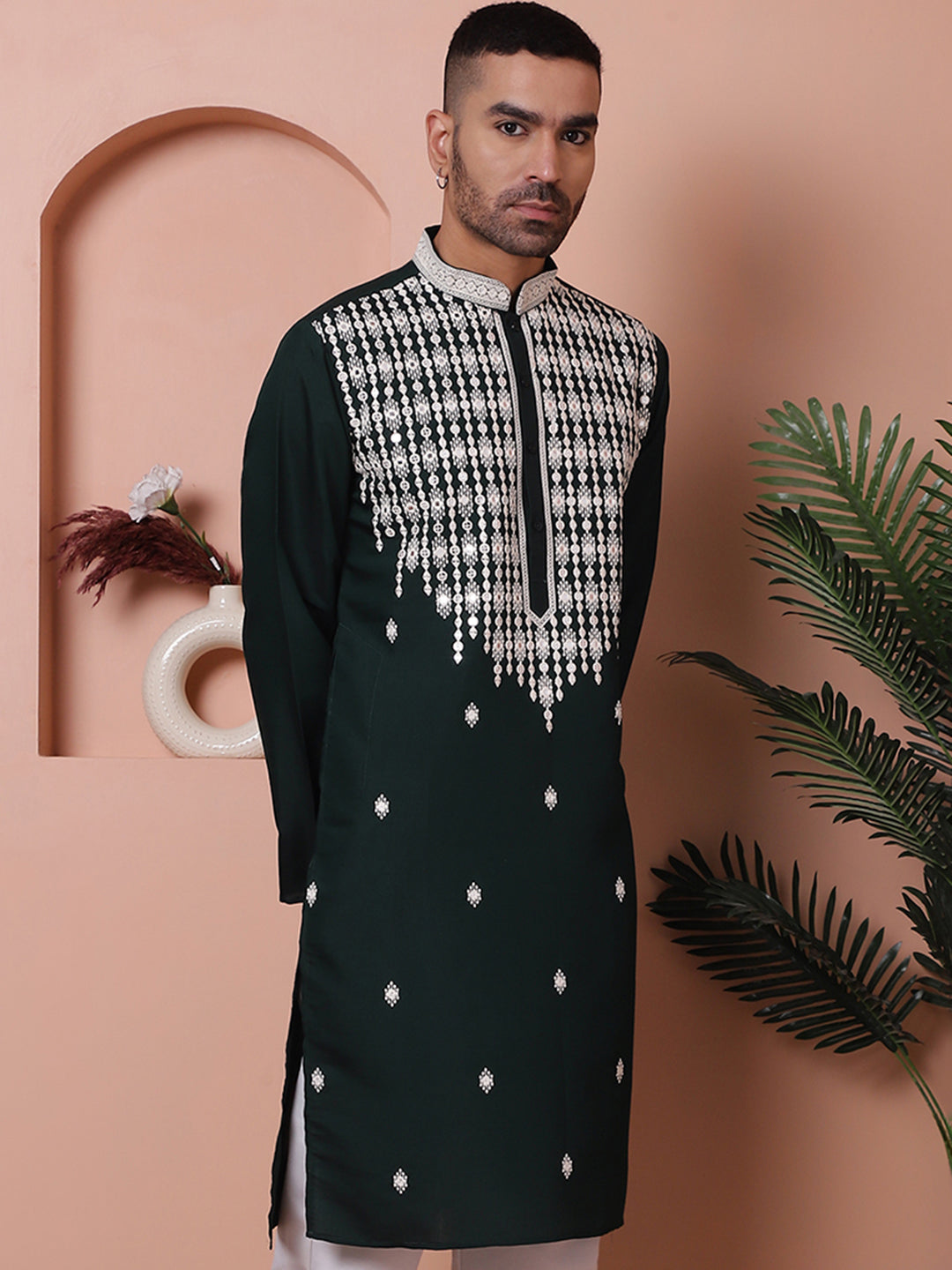 Olive Silk Kurta for Men: Embroidered Indian Wedding Kurta