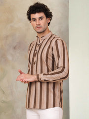 Men's Beige Striped Short Kurtas-KO-5078Beige