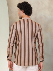Men's Beige Striped Short Kurtas-KO-5078Beige