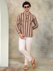 Men's Beige Striped Short Kurtas-KO-5078Beige