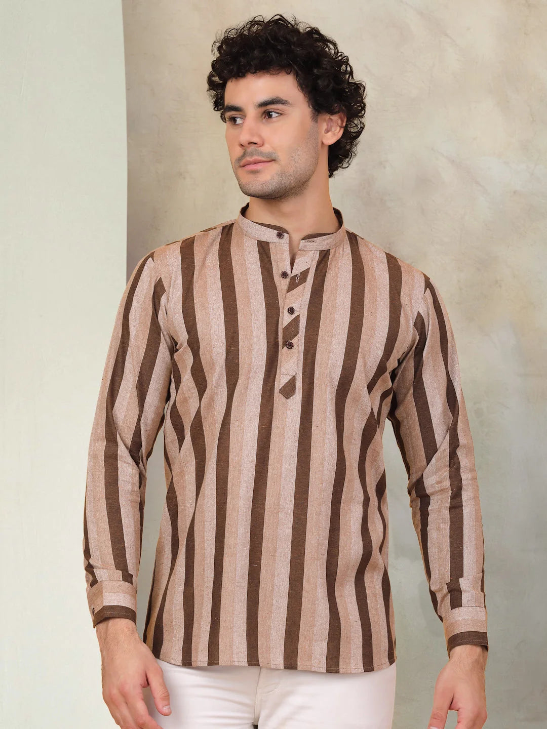 Beige Striped Mens Kurta - Short Indian Kurta for Men