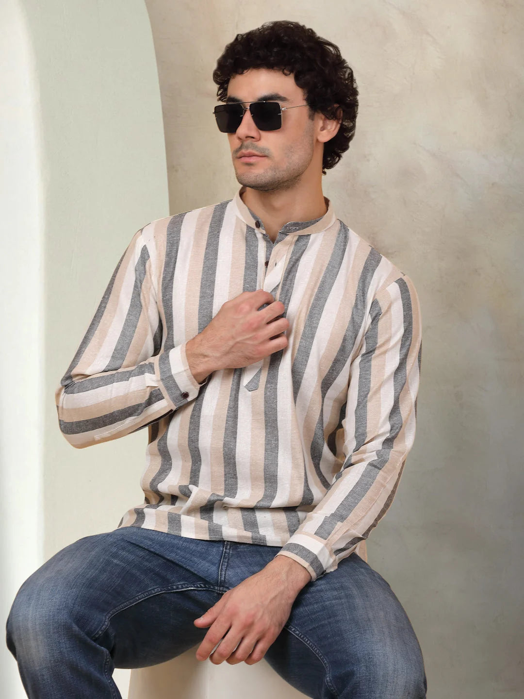 Grey Striped Short Kurta for Men | Indian Cotton Kurtas