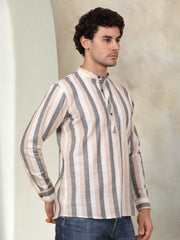 Men's Grey Striped Short Kurtas-KO-5078Grey