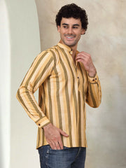 Men's Yellow Striped Short Kurtas-KO-5078Yellow