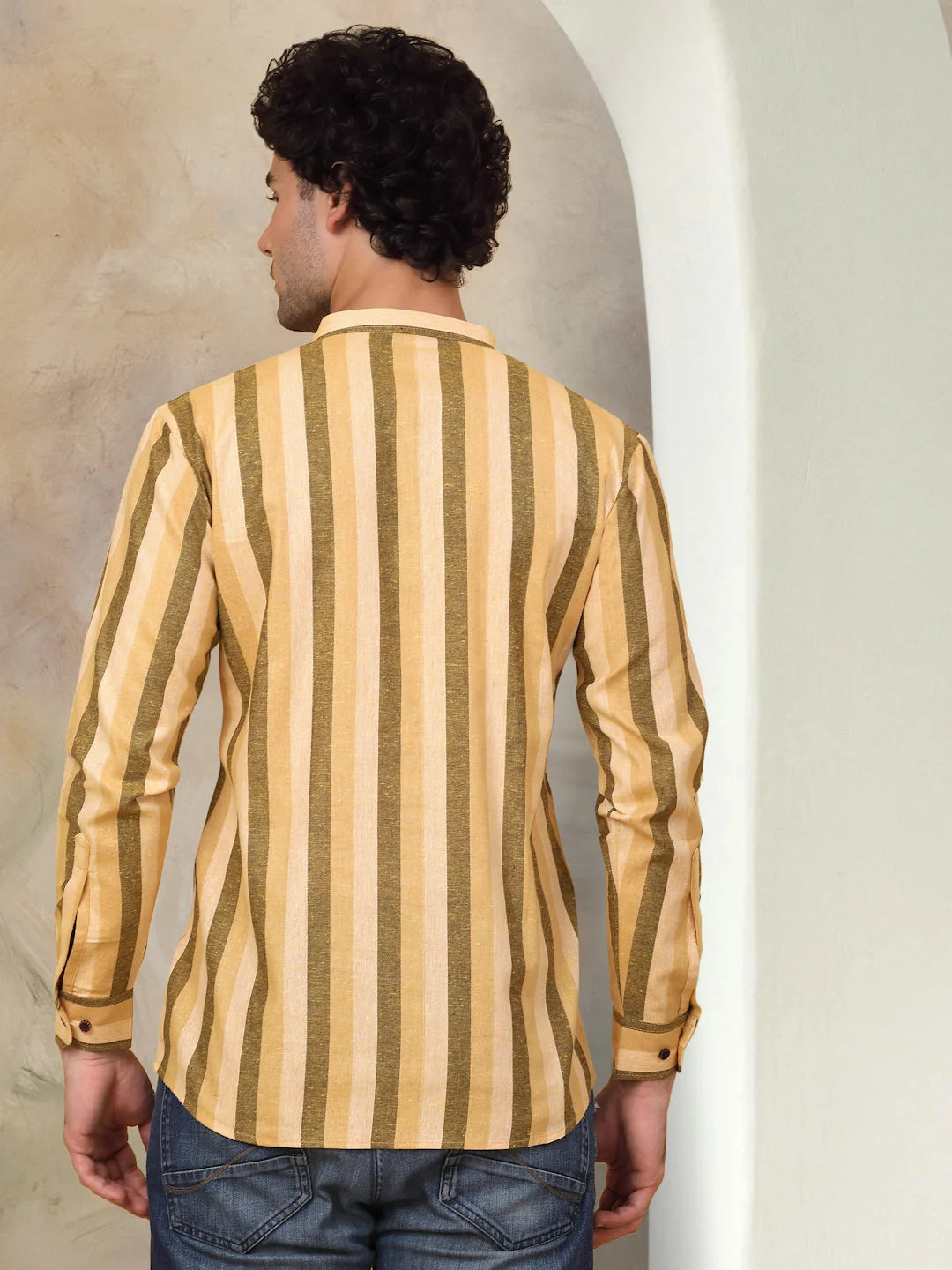 Men's Yellow Striped Short Kurta | 100% Cotton Kurta