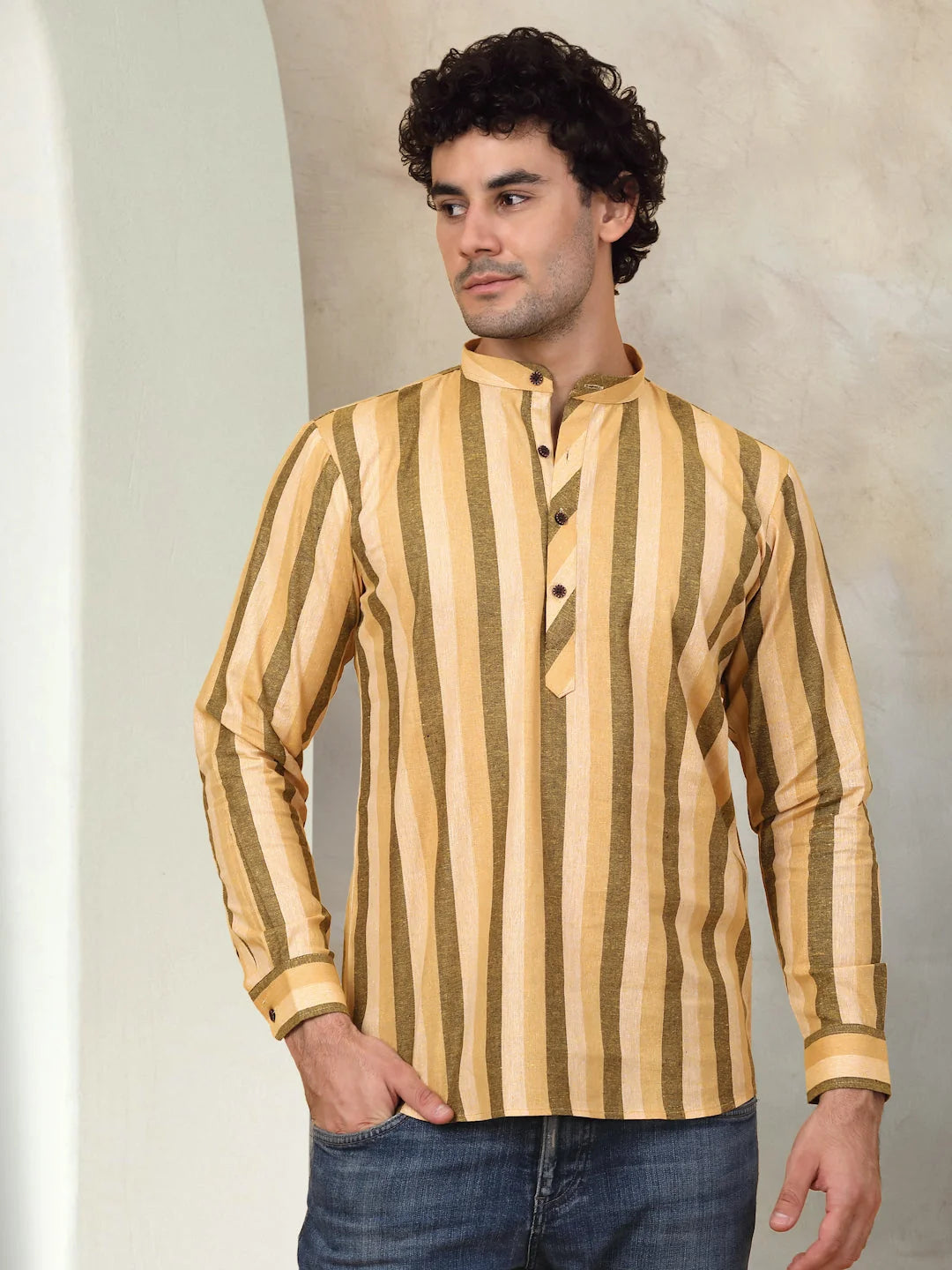 Men's Yellow Striped Short Kurta | 100% Cotton Kurta