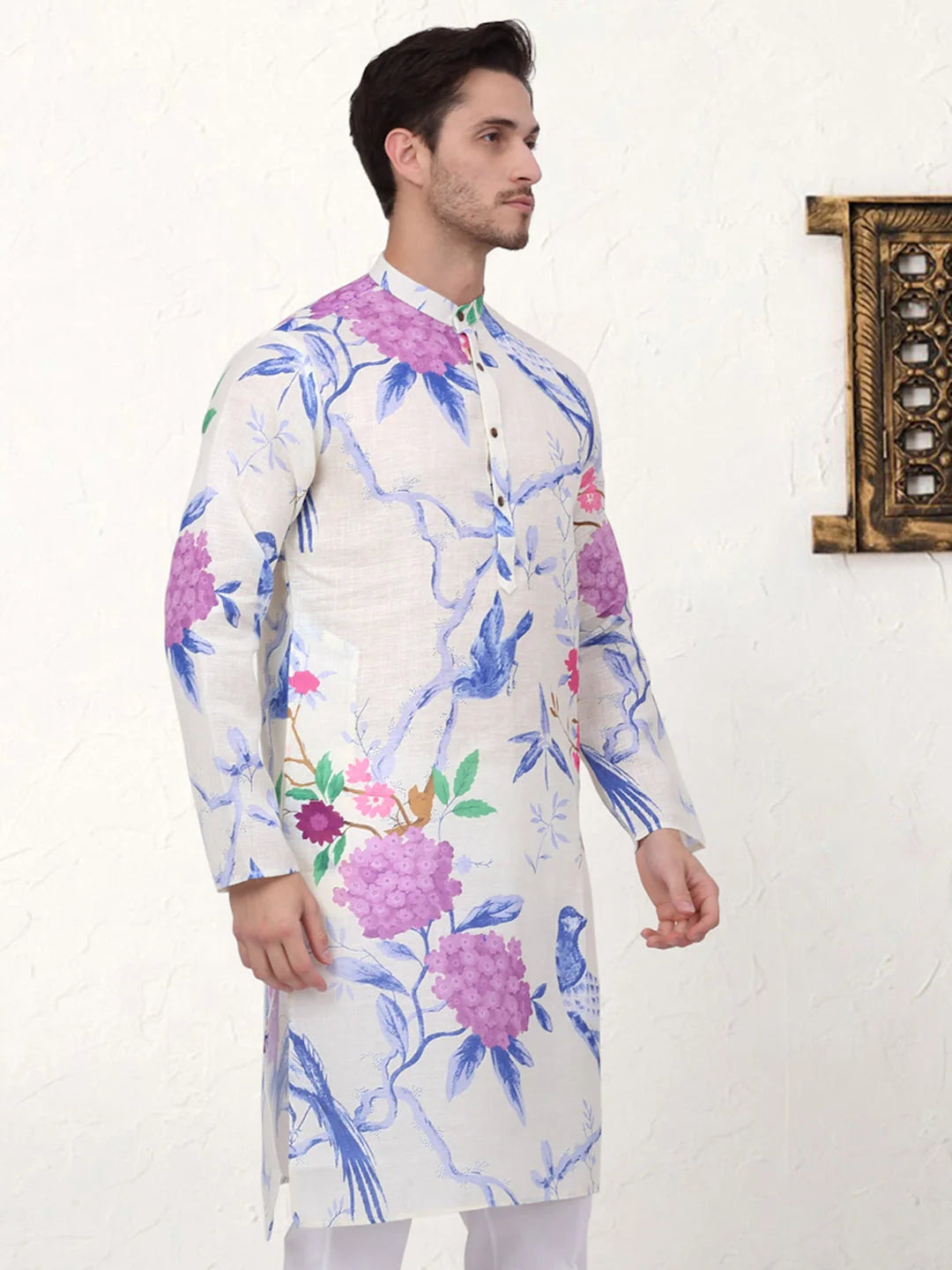 Blue Animal Print Cotton Indian Kurta for Men | Cotton Kurta