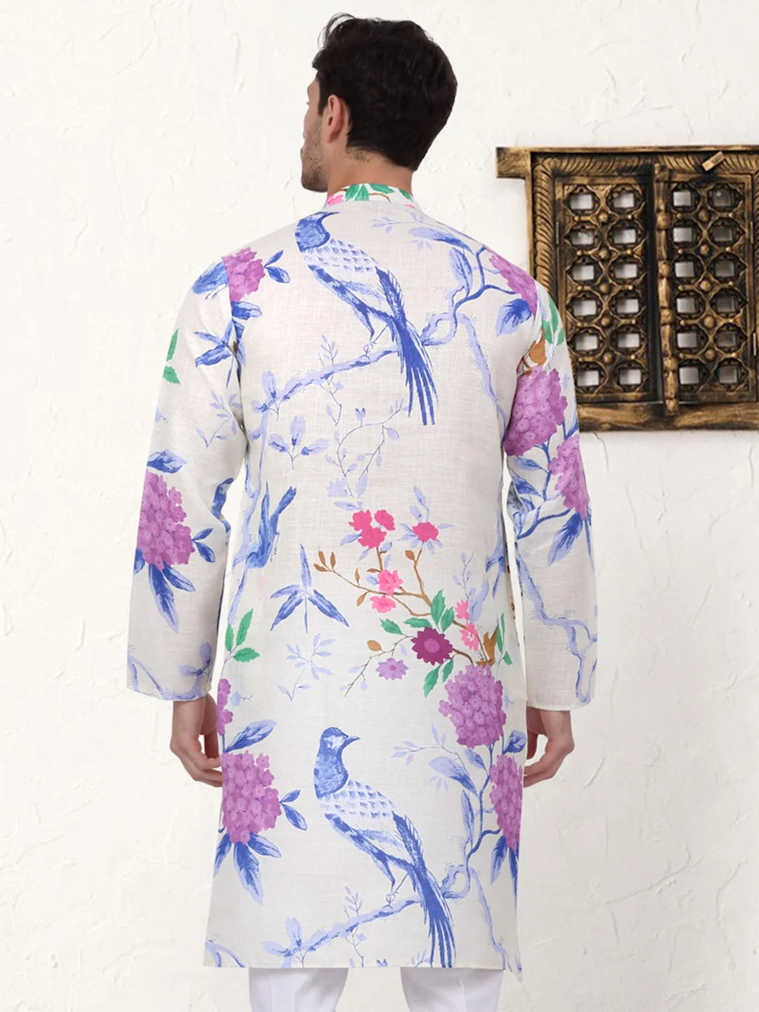 Blue Animal Print Cotton Indian Kurta for Men | Cotton Kurta