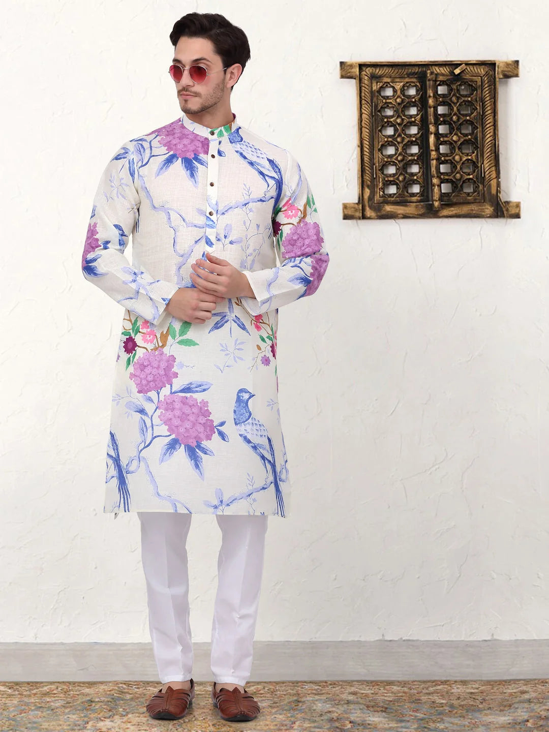 Blue Animal Print Cotton Indian Kurta for Men | Cotton Kurta