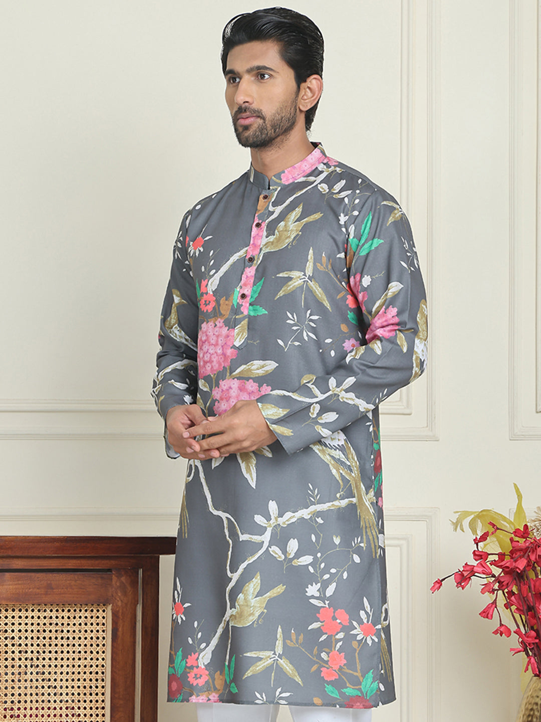 DesiQlo Men Printed Kurta Only - Grey - KO_5079Grey_S