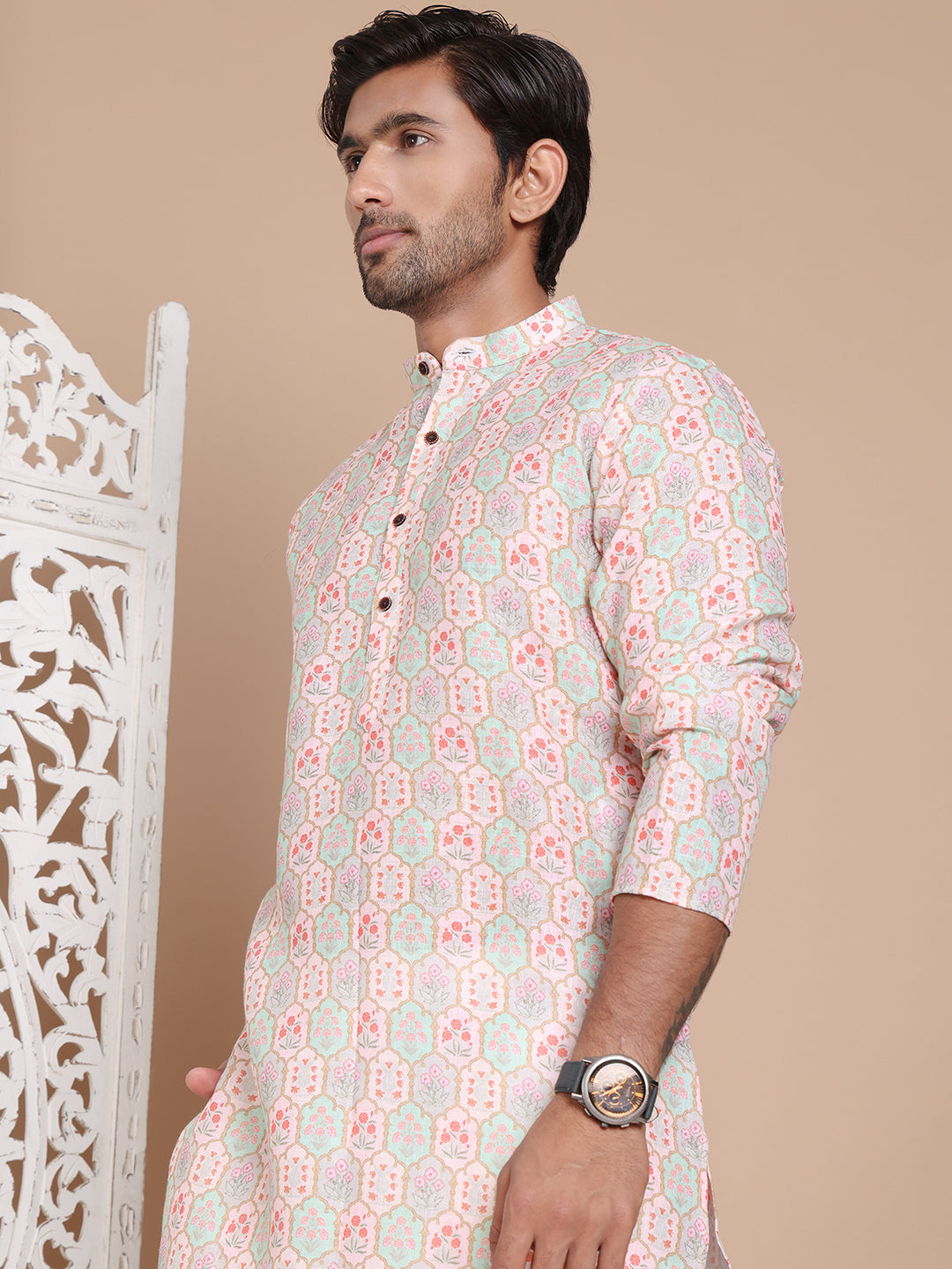 DesiQlo Men Printed Kurta Only - Orange - KO_5079Peach_S