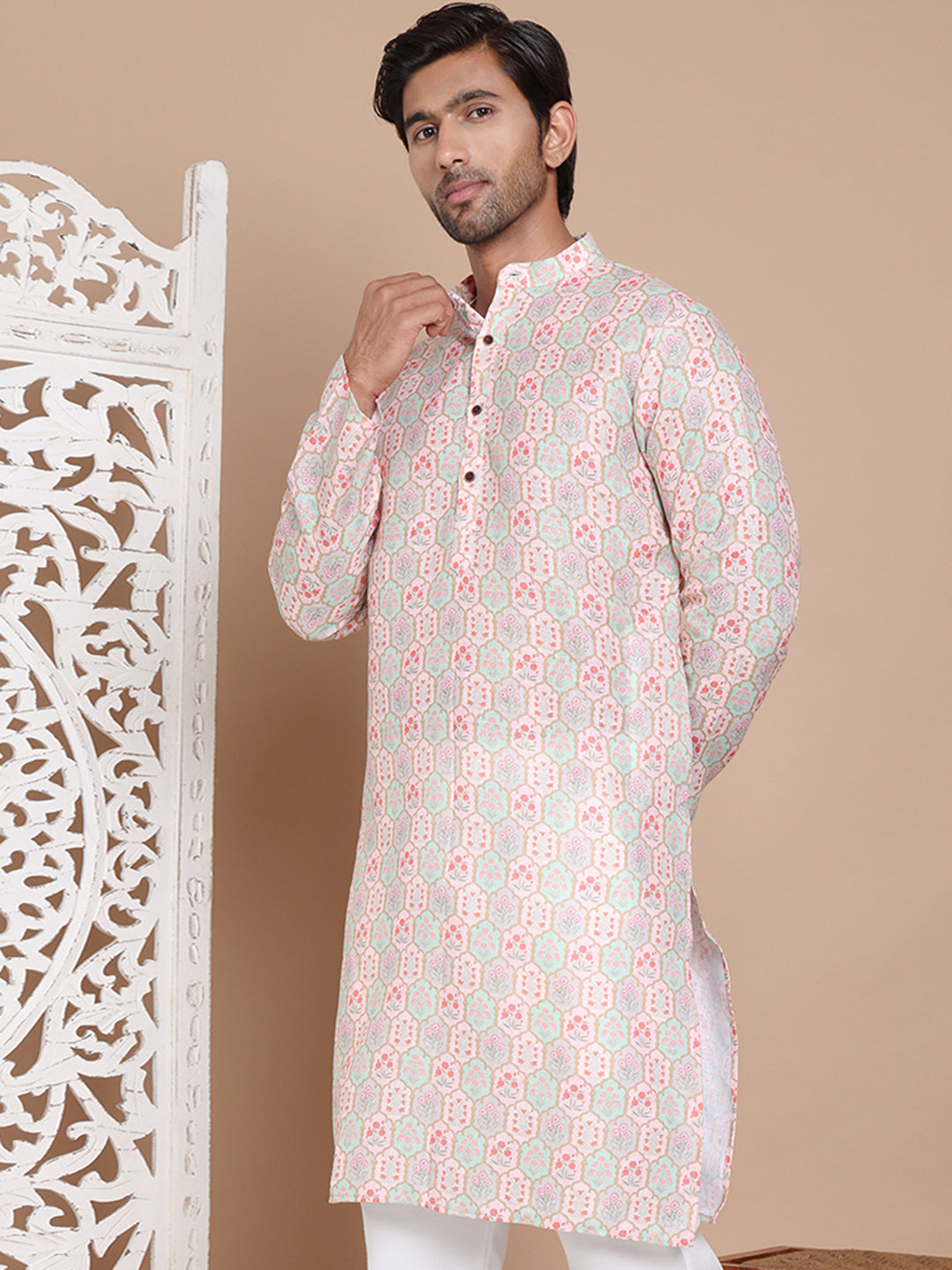 DesiQlo Men Printed Kurta Only - Orange - KO_5079Peach_S
