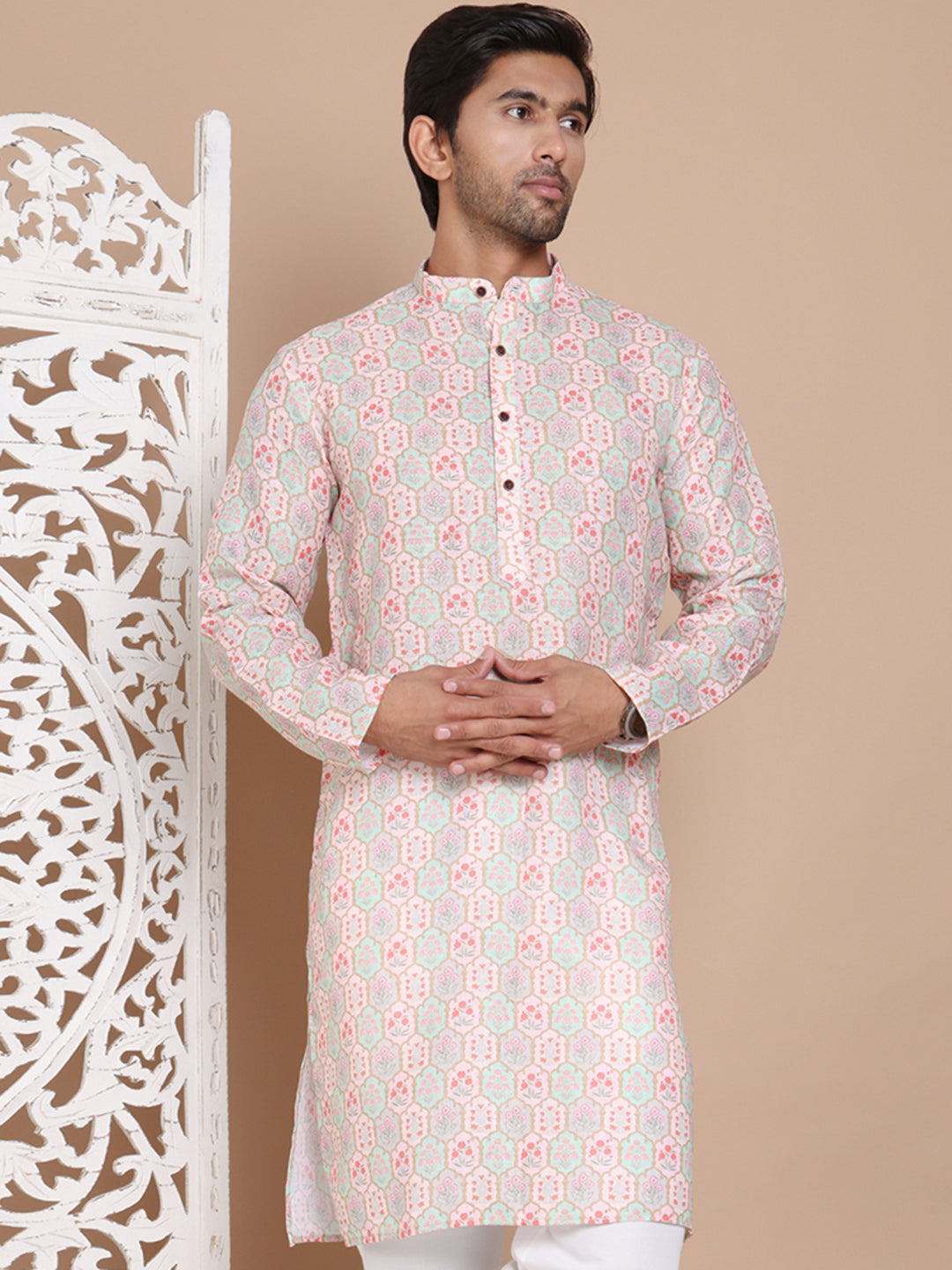 DesiQlo Men Printed Kurta Only - Orange - KO_5079Peach_S