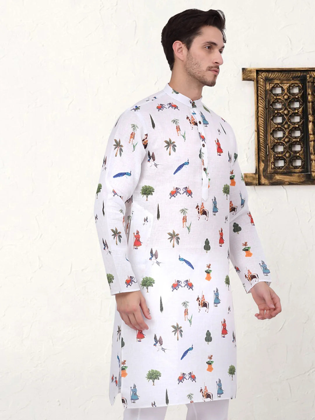 Men's Animal Printed Cotton Indian Kurta - White Cotton Kurta