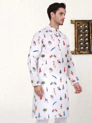 Men's Animal Printed Pure Cotton Straight Kurtas-KO-5079White
