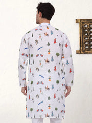 Men's Animal Printed Pure Cotton Straight Kurtas-KO-5079White