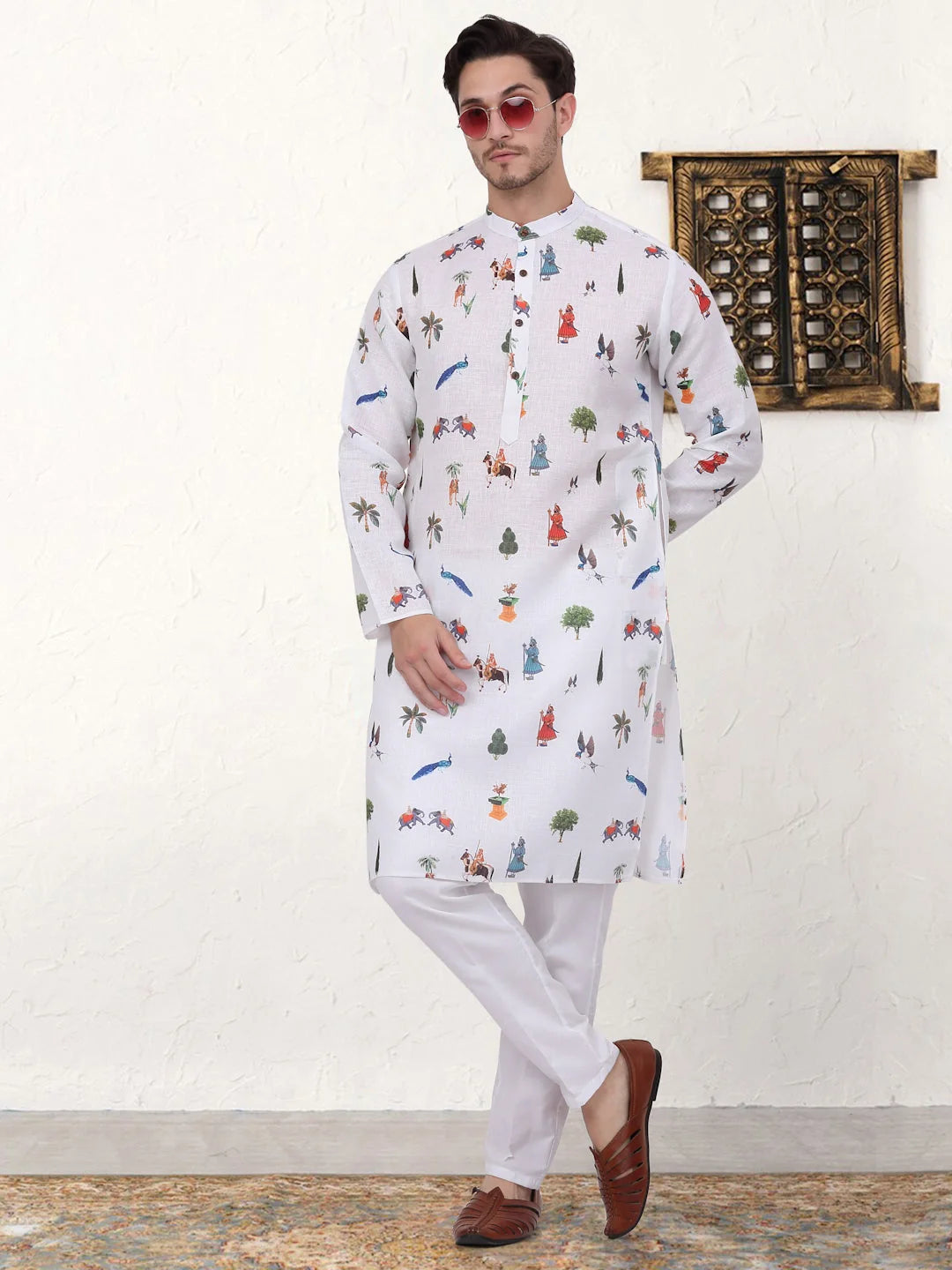 Men's Animal Printed Cotton Indian Kurta - White Cotton Kurta