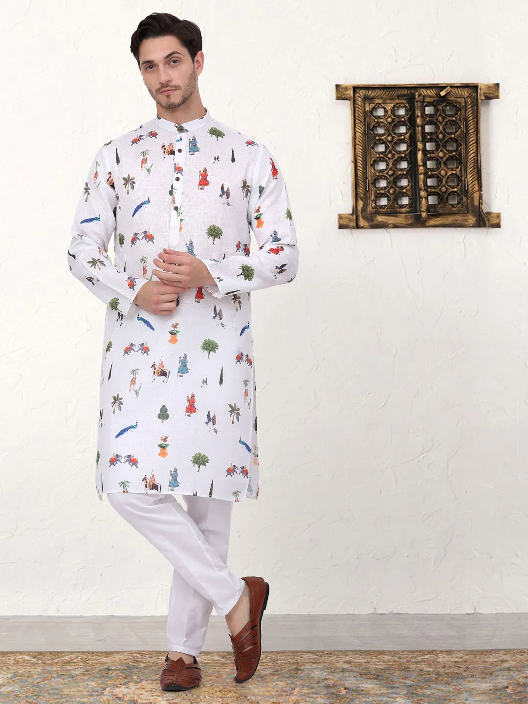 Men's Animal Printed Cotton Indian Kurta - White Cotton Kurta