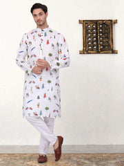 Men's Animal Printed Pure Cotton Straight Kurtas-KO-5079White