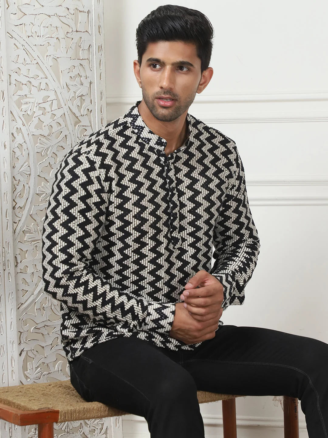 Black Woven Cotton Short Kurta for Men | Indian Kurta for Men