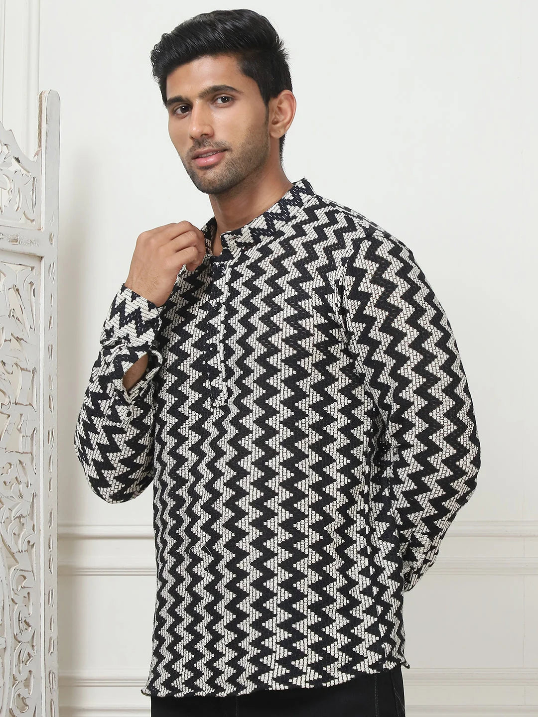Black Woven Cotton Short Kurta for Men | Indian Kurta for Men