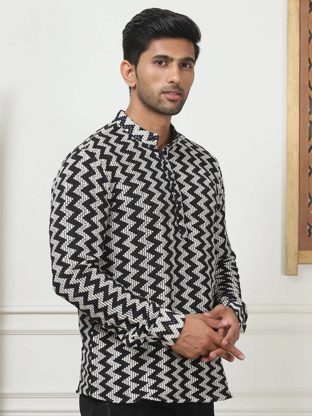 Black Woven Cotton Short Kurta for Men | Indian Kurta for Men