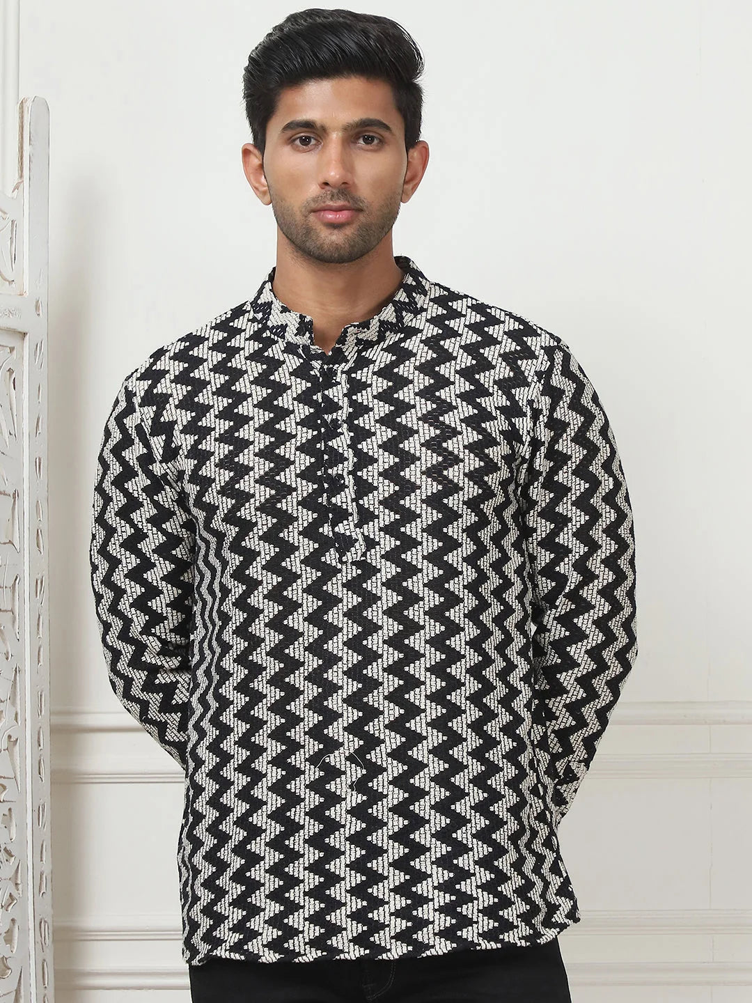 Black Woven Cotton Short Kurta for Men | Indian Kurta for Men
