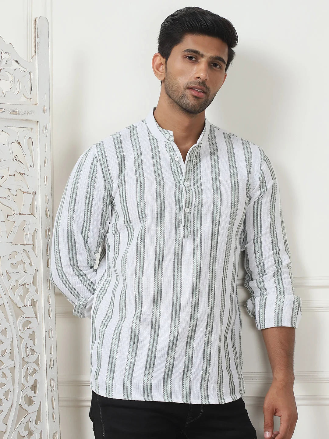 Green Woven Design Cotton Short Kurta for Men | Indian Kurta