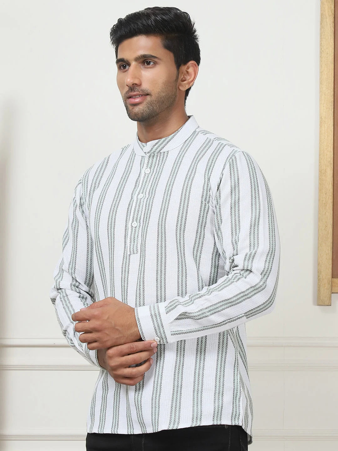 Green Woven Design Cotton Short Kurta for Men | Indian Kurta