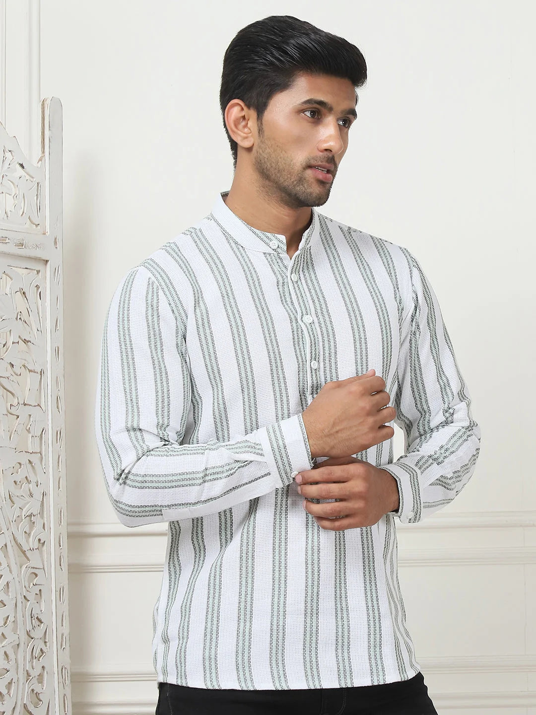 Green Woven Design Cotton Short Kurta for Men | Indian Kurta
