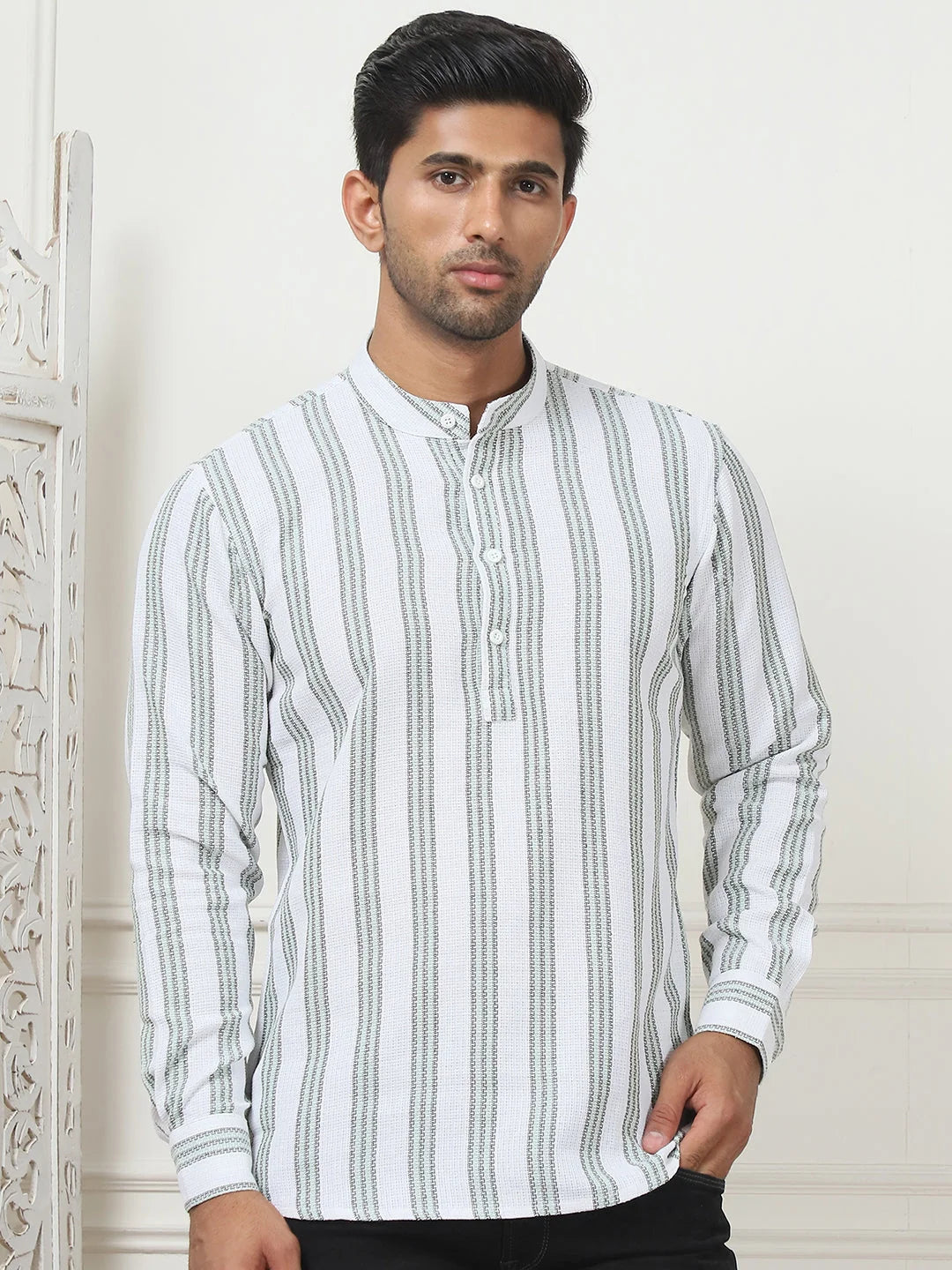 Green Woven Design Cotton Short Kurta for Men | Indian Kurta