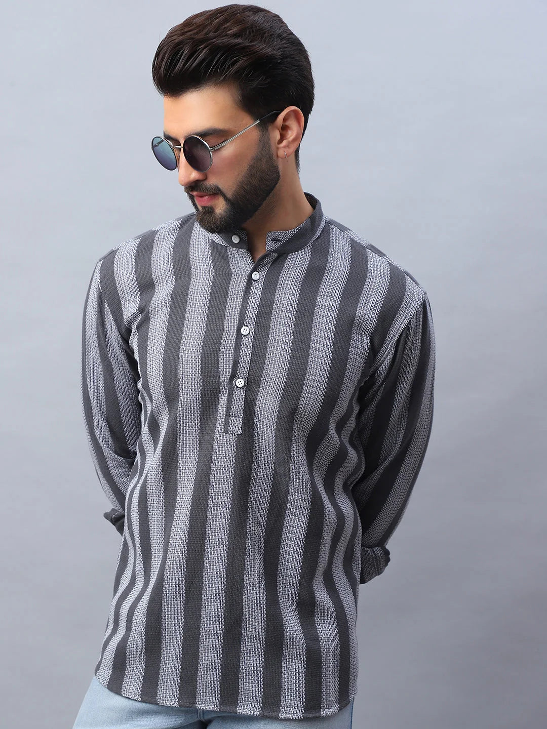 Grey Woven Design Cotton Short Kurta for Men | Mens Kurta