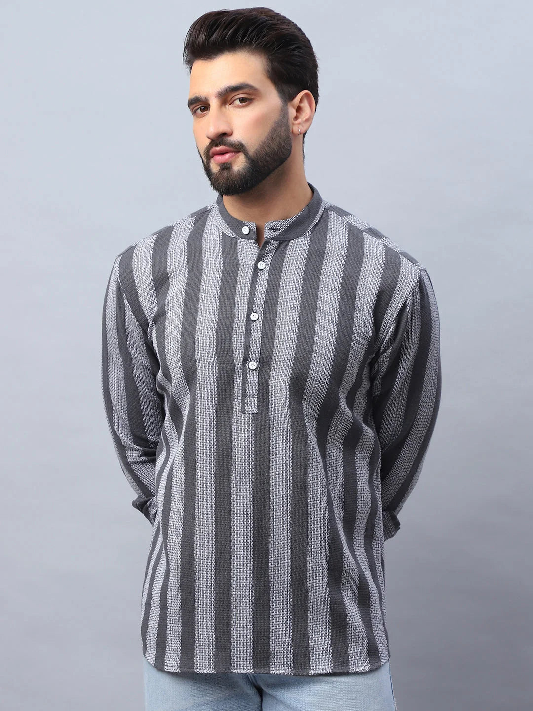 Grey Woven Design Cotton Short Kurta for Men | Mens Kurta