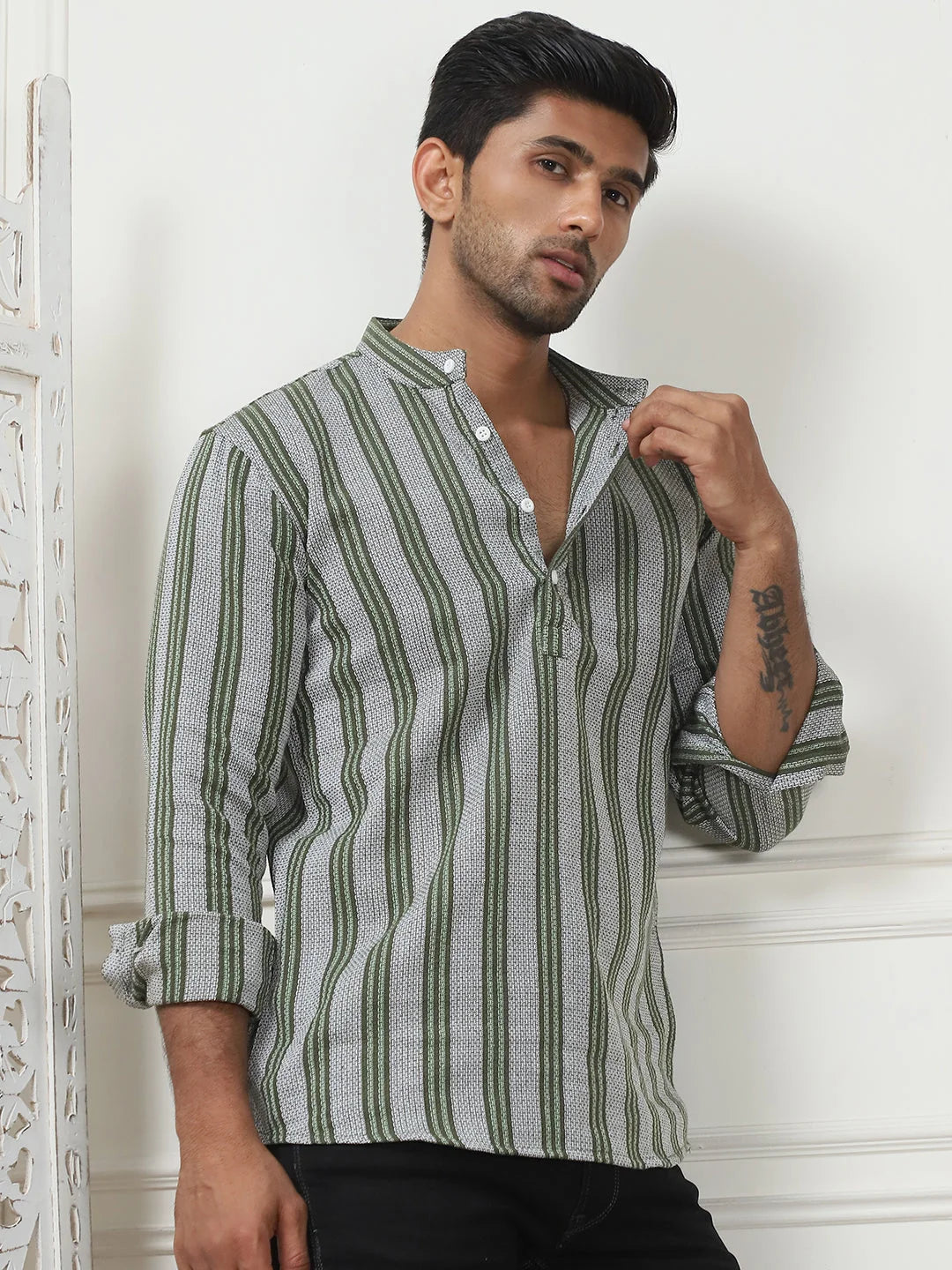 Olive Woven Cotton Short Kurta for Men | Indian Kurta Style