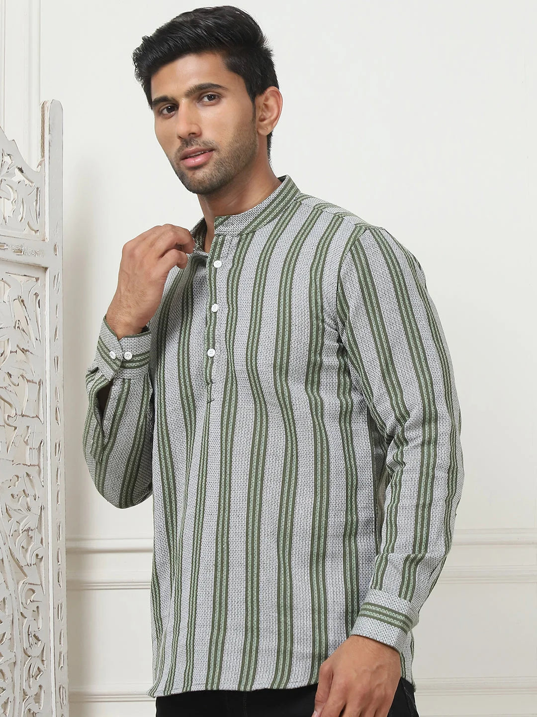 Olive Woven Cotton Short Kurta for Men | Indian Kurta Style