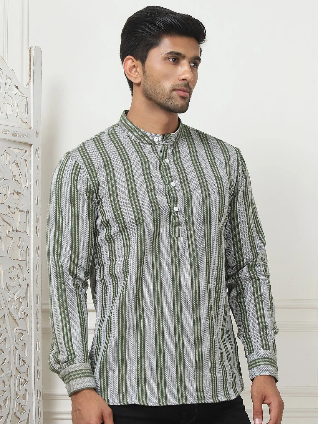 Olive Woven Cotton Short Kurta for Men | Indian Kurta Style