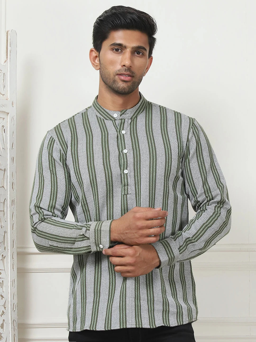 Olive Woven Cotton Short Kurta for Men | Indian Kurta Style