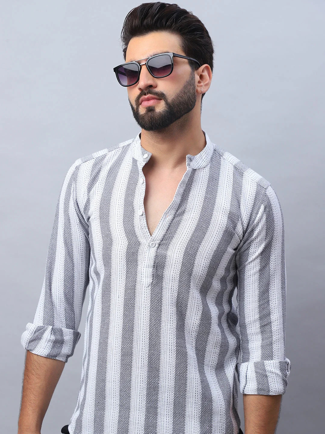 White Woven Design Cotton Short Kurta for Men | Indian Kurta