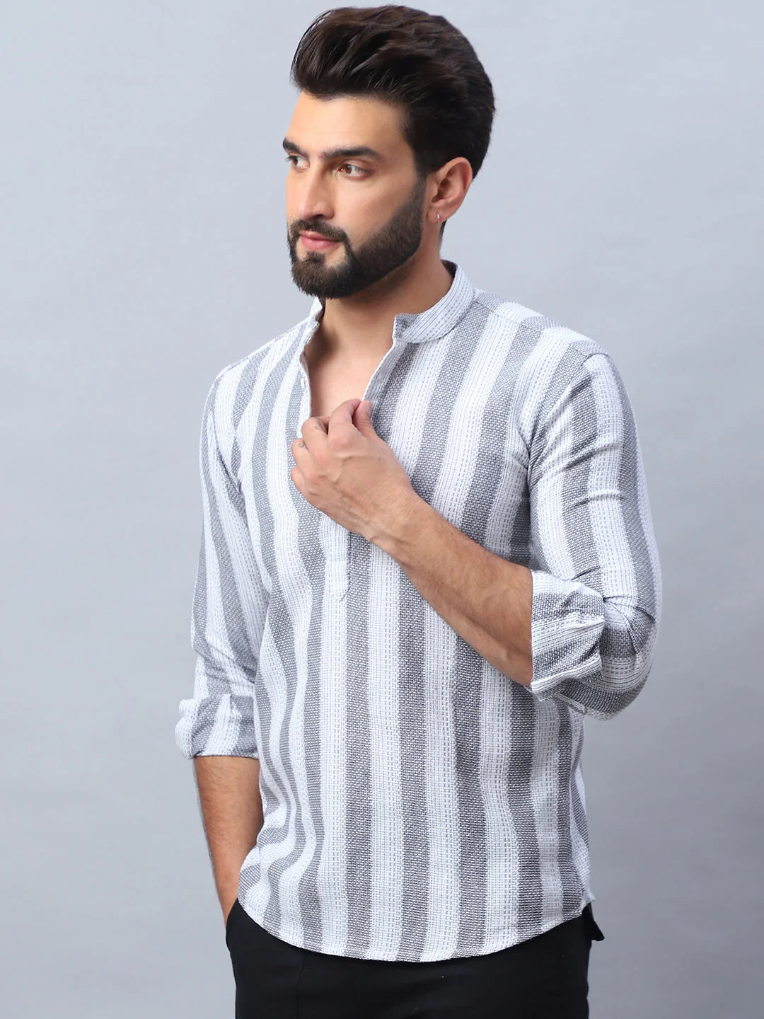 White Woven Design Cotton Short Kurta for Men | Indian Kurta
