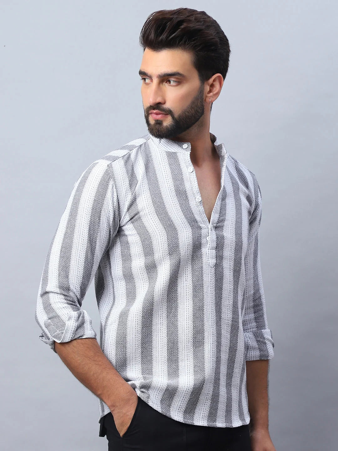White Woven Design Cotton Short Kurta for Men | Indian Kurta