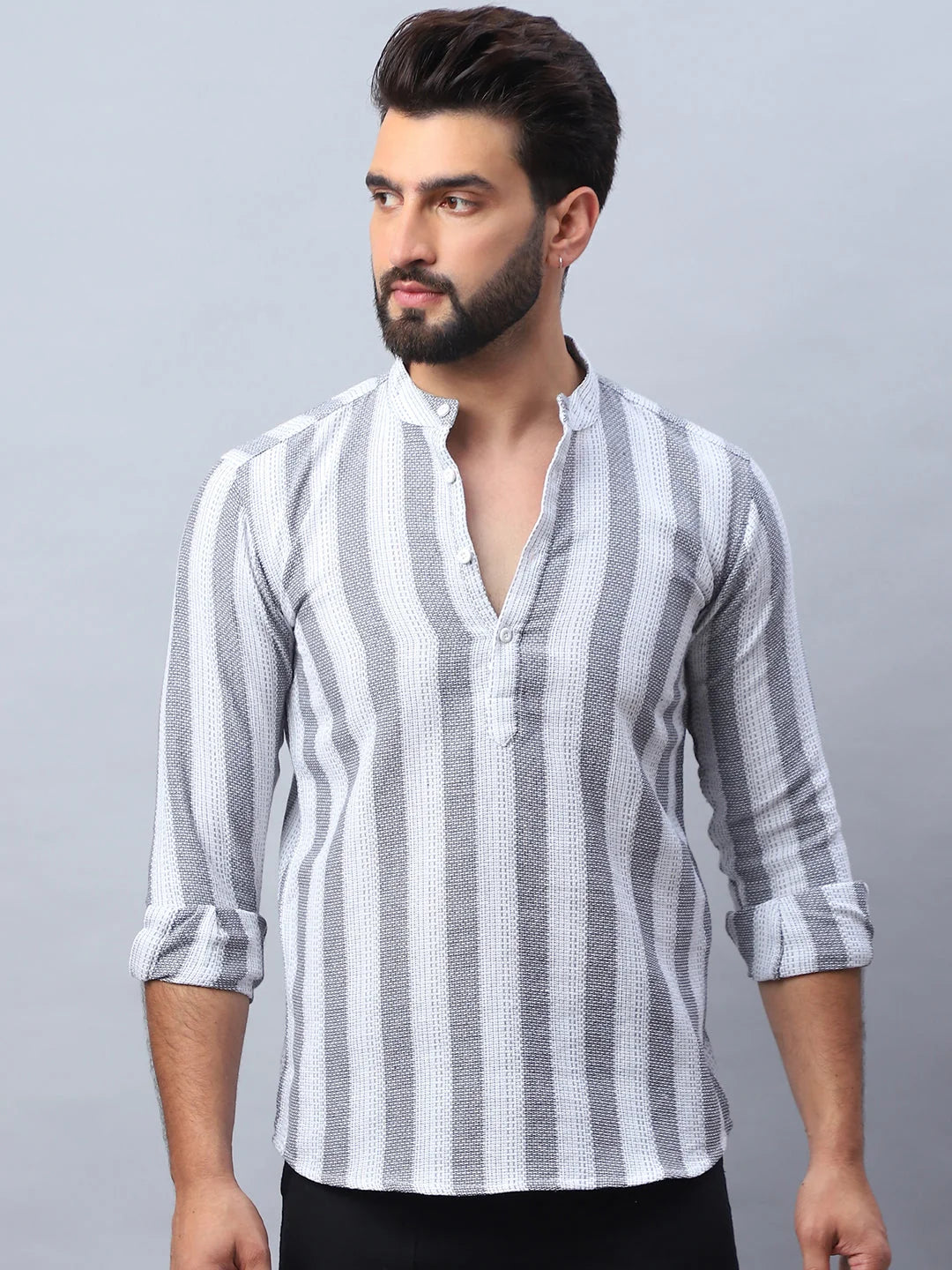 White Woven Design Cotton Short Kurta for Men | Indian Kurta
