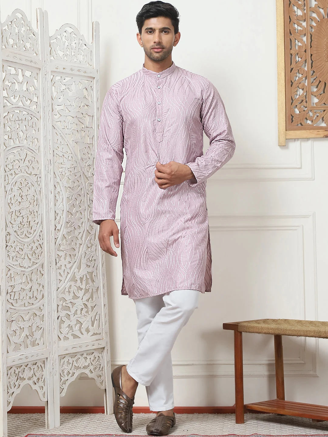 Magenta Embroidered Men's Kurta | Indian Cotton Kurta