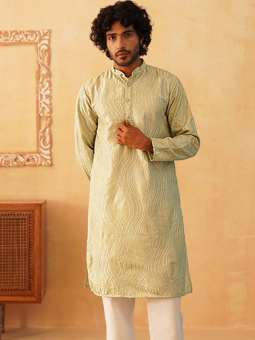 Embroidered Kurta Pyjama for Men.-KO-5083Pista