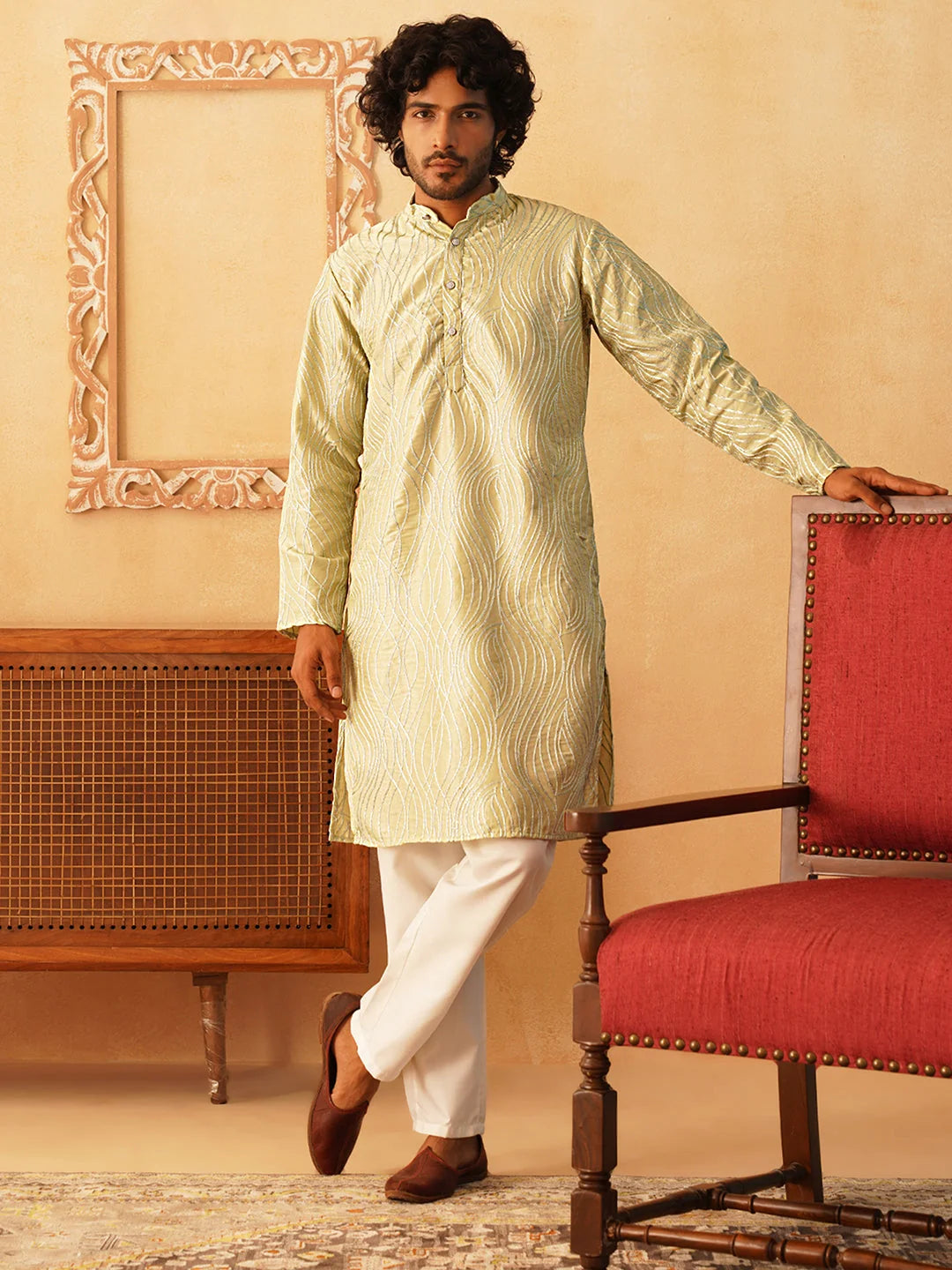 Pista Green Embroidered Mens Kurta | Stylish Indian Kurta