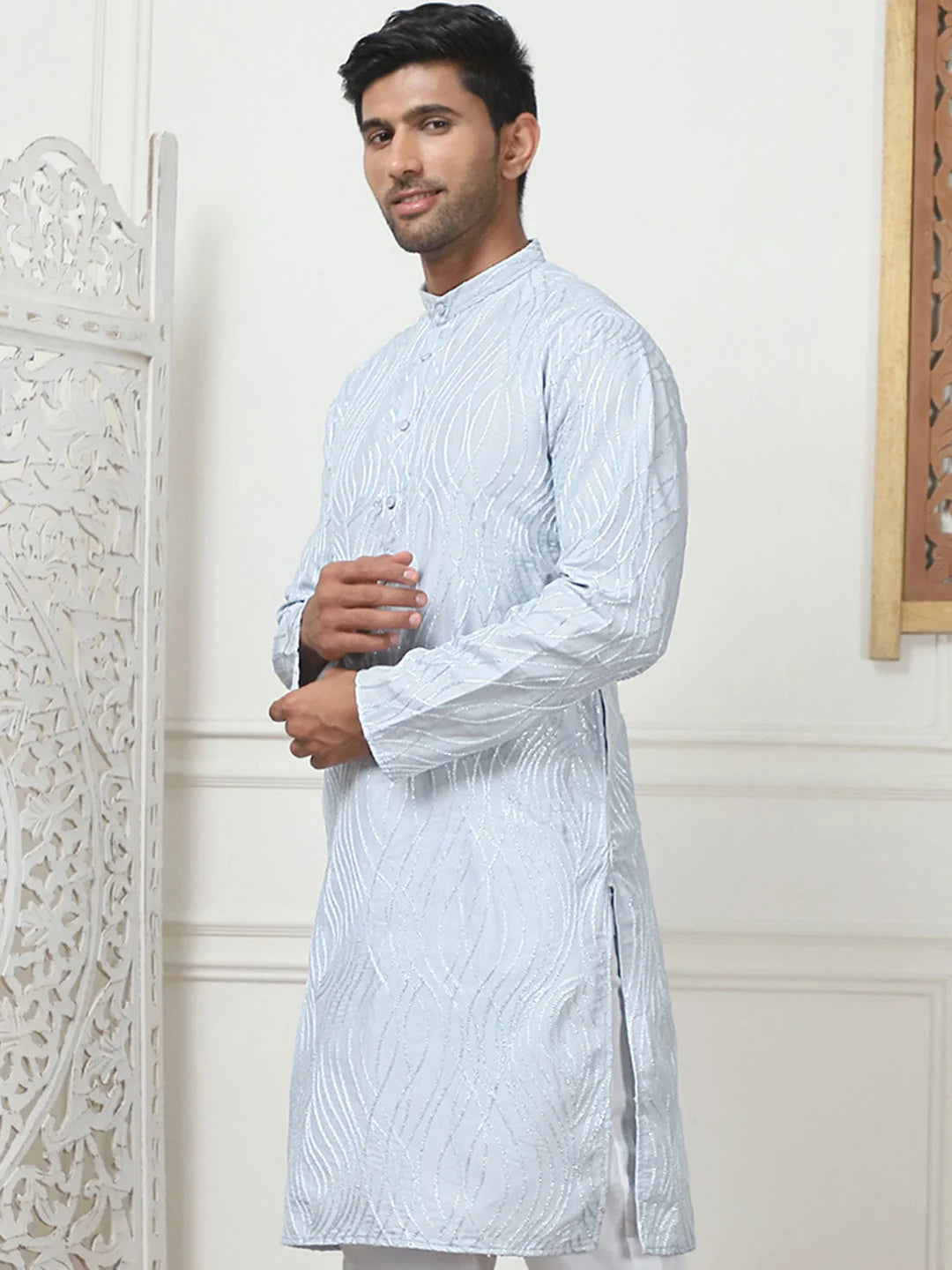 Sky Blue Embroidered Men's Kurta | Indian Cotton Kurta