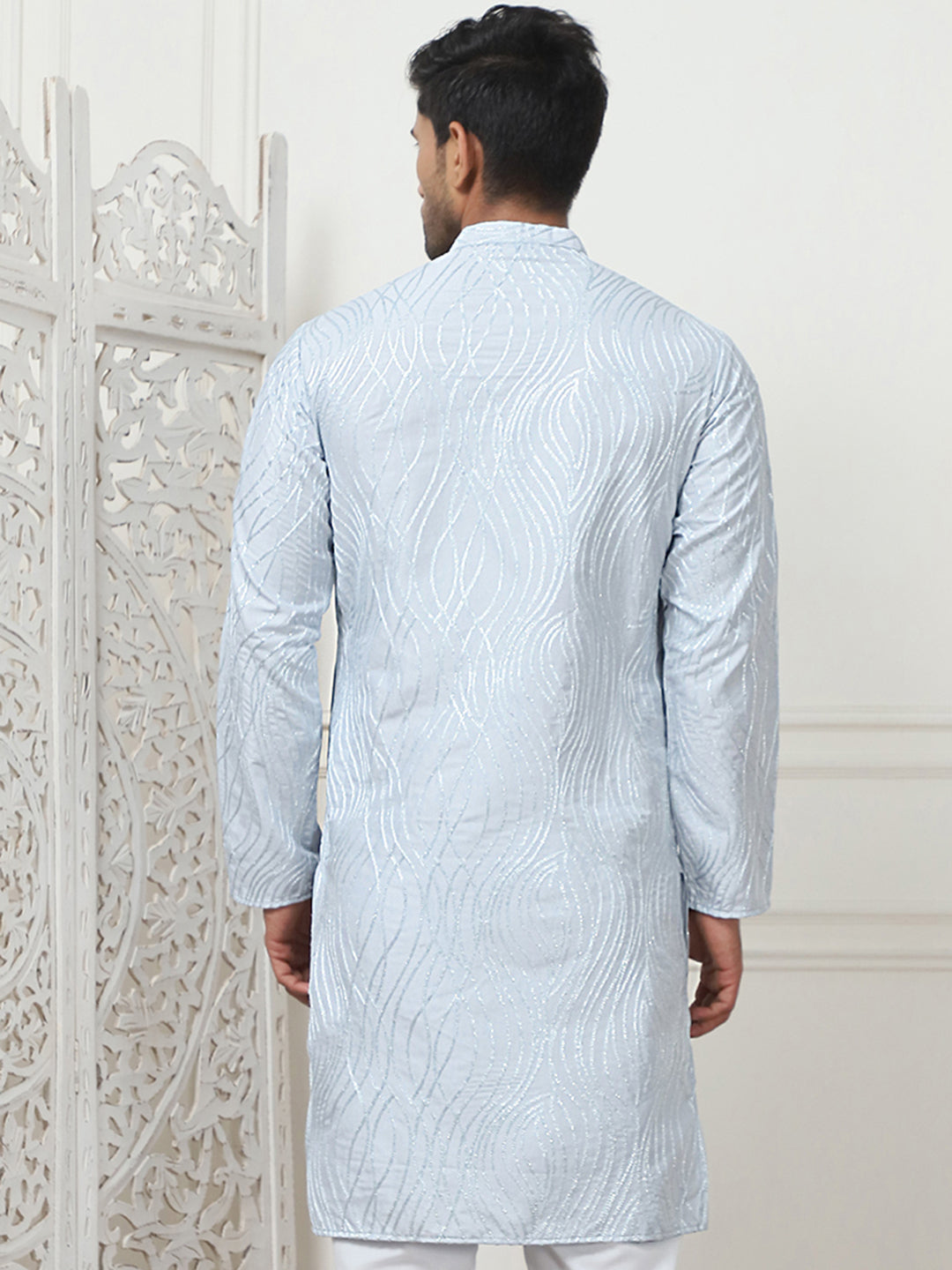 Sky Blue Embroidered Men's Kurta | Indian Cotton Kurta