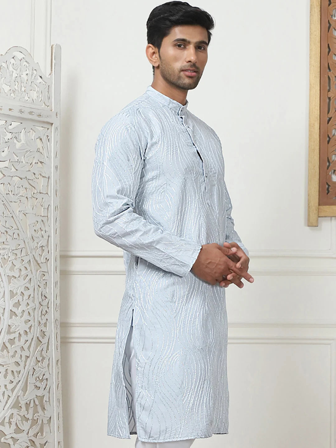 Sky Blue Embroidered Men's Kurta | Indian Cotton Kurta