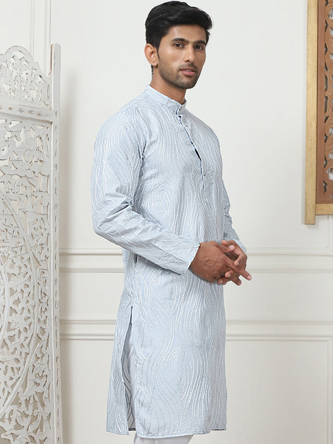 Sky Blue Embroidered Men's Kurta | Indian Cotton Kurta